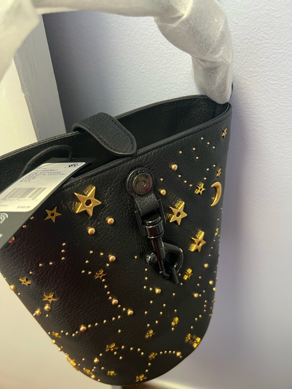 Rebecca Minkoff Black Bucket Bag with Gold Star & Moon studs - Edie top handle - Picture 4 of 9